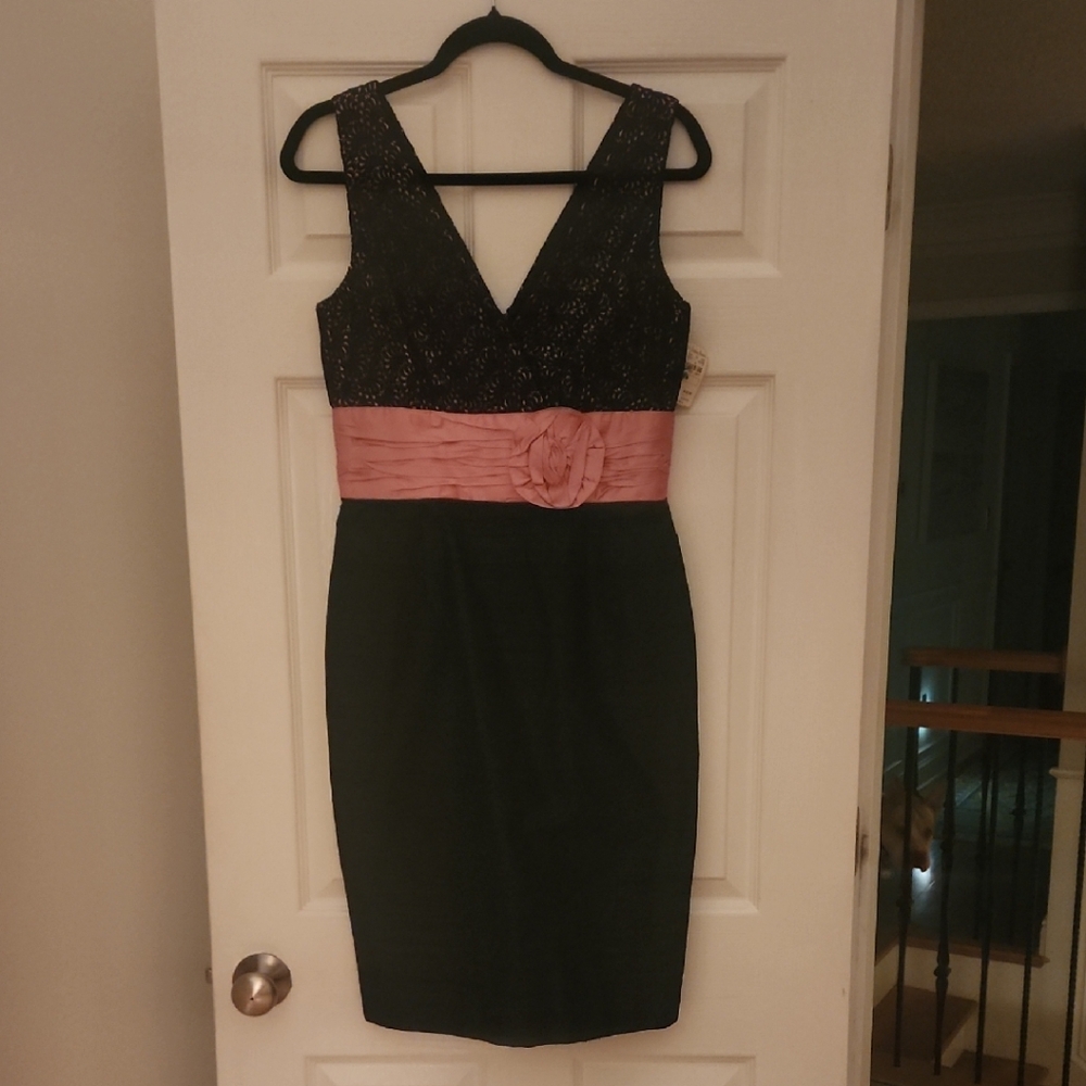 Kay Unger Black Lace and Pink Sash Midi Dress